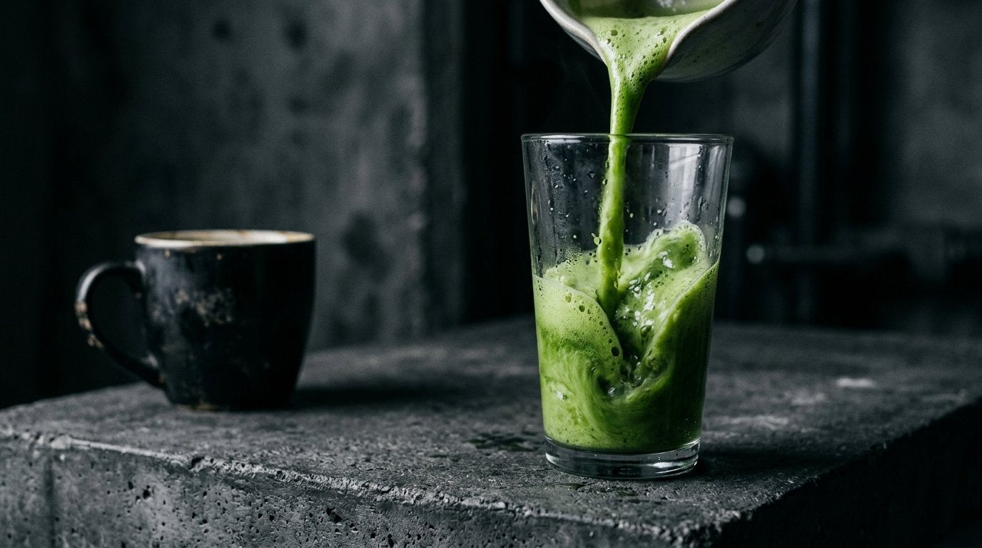Matcha being poured beside a forgotten coffee cup