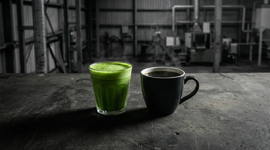 Green matcha latte beside a cup of black coffee on a concrete surface in an industrial setting