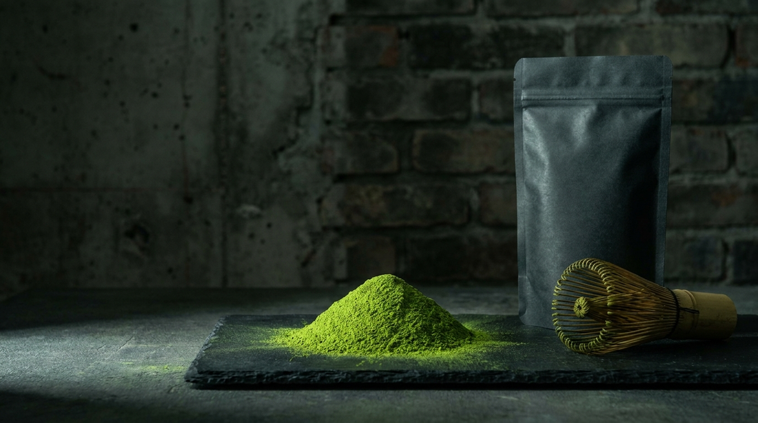 Vivid green ceremonial matcha powder with a bamboo whisk and matte black pouch on dark stone against an industrial brick background