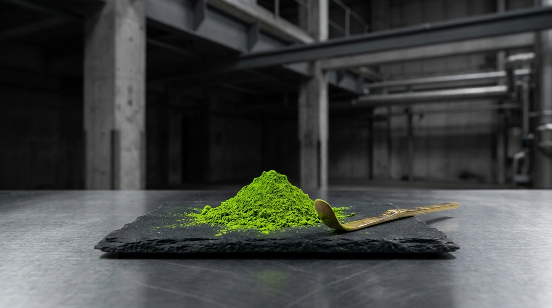 Mound of vivid electric-green Samidori matcha powder with a bamboo scoop on a dark slate surface
