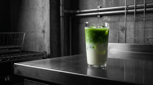 Tall iced matcha latte in a glass with green matcha layered over milk on a dark steel surface