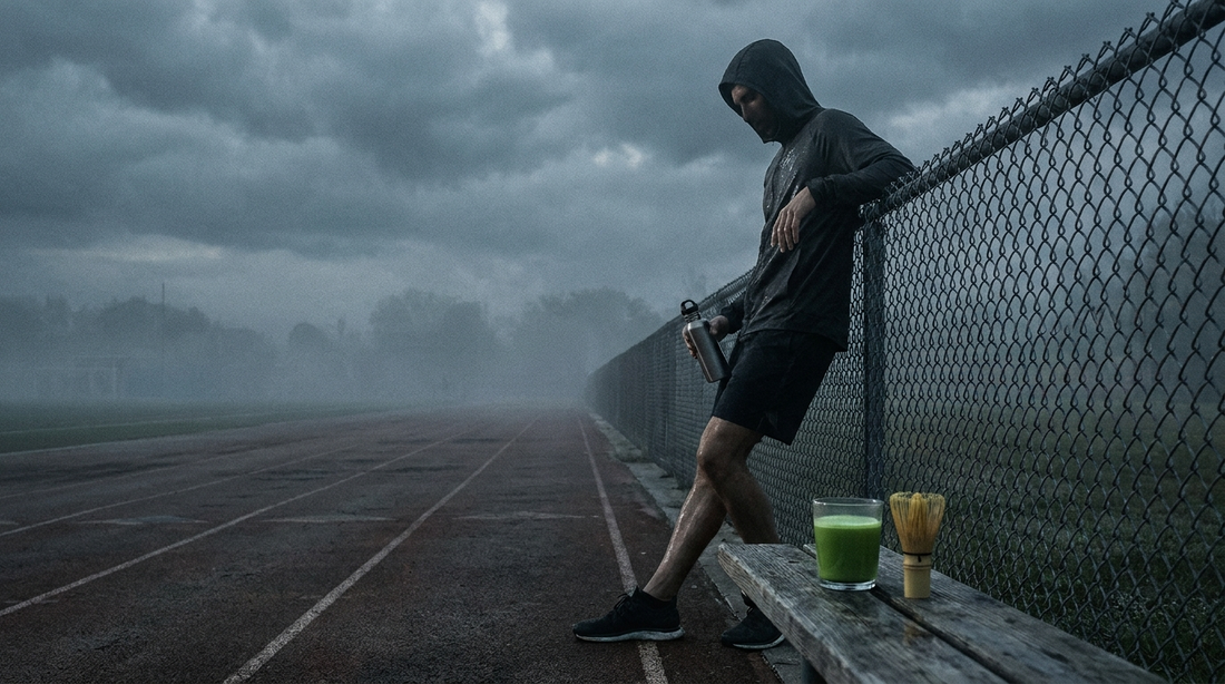Athletic runner at dawn on a track with a glass of green matcha on a bench