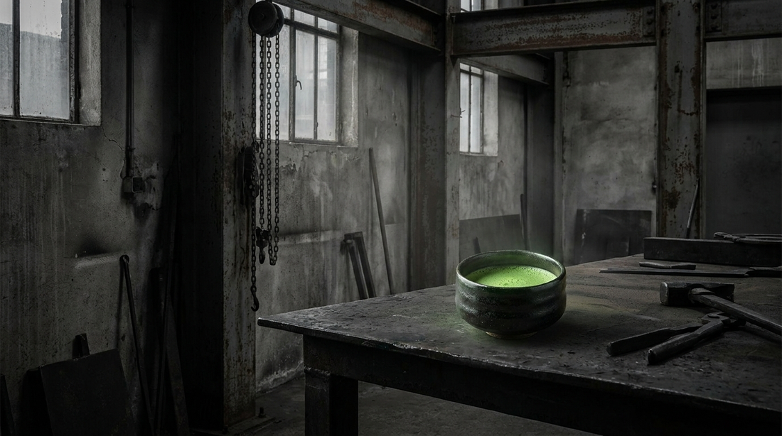Bowl of bright green matcha on a dark industrial table