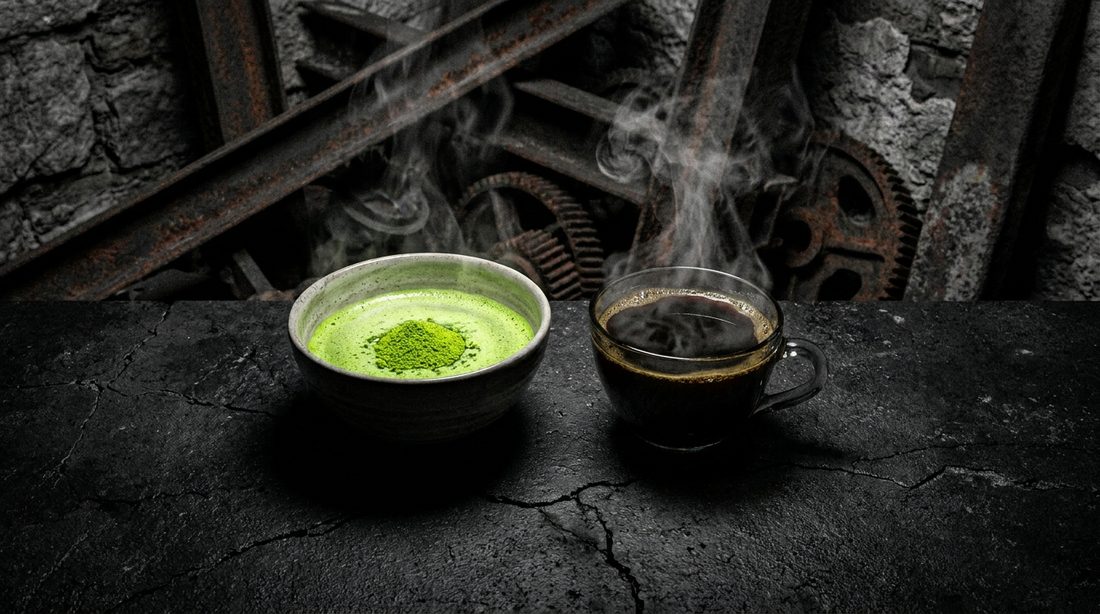 A bowl of bright green matcha beside a dark cup of black coffee on a black concrete surface