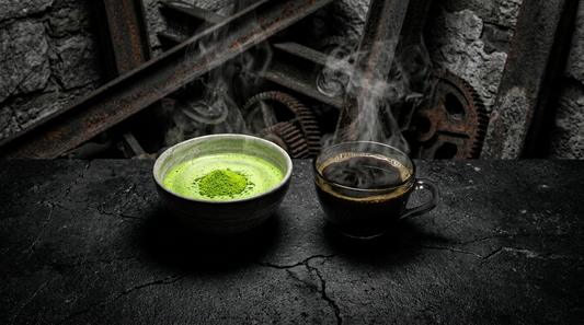 A bowl of bright green matcha beside a dark cup of black coffee on a black concrete surface