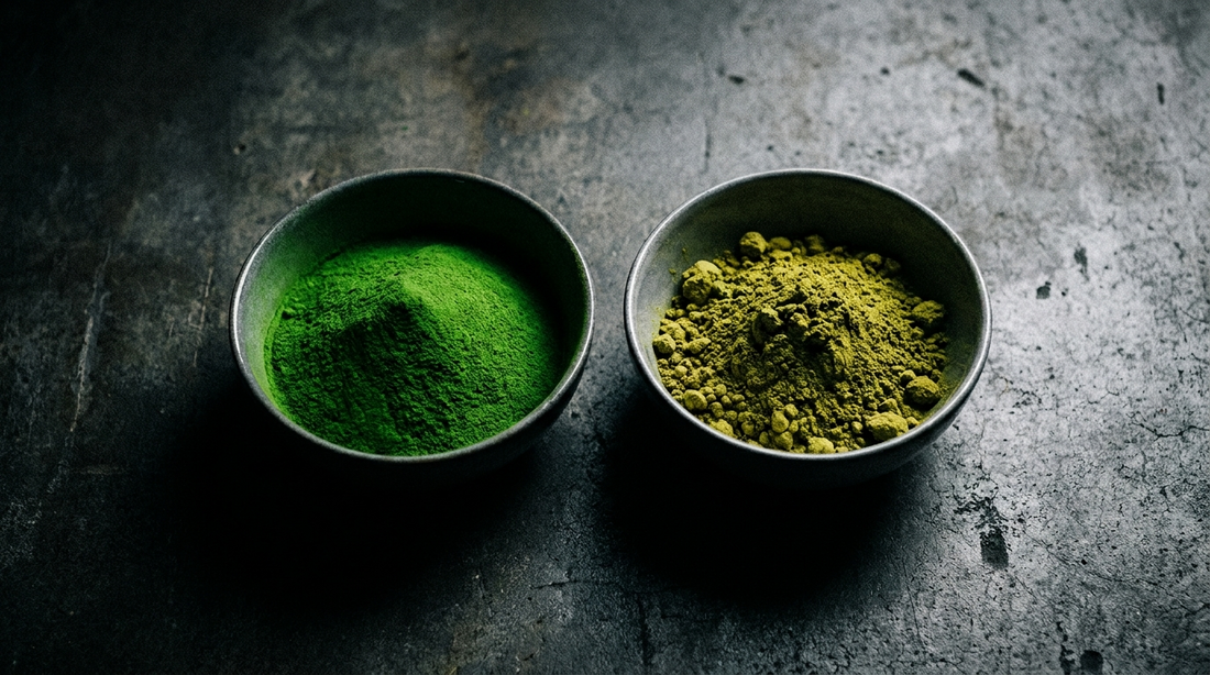 Ceremonial matcha and culinary matcha powder side by side in two bowls