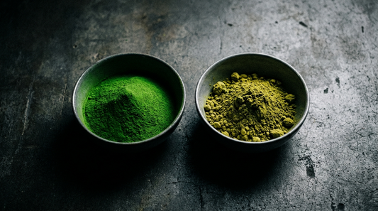 Ceremonial matcha and culinary matcha powder side by side in two bowls