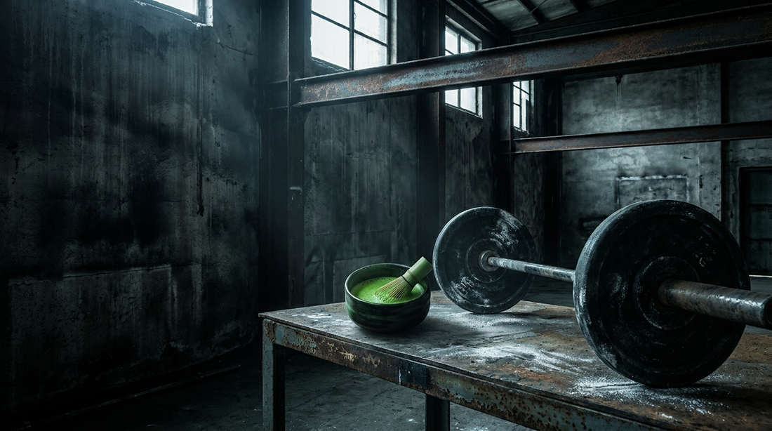 Bowl of bright green matcha on a metal gym bench next to a chalked barbell