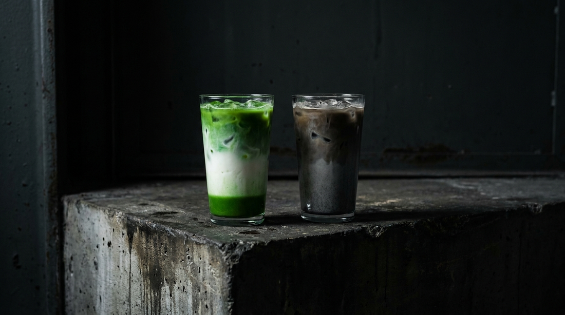 Matcha latte next to a coffee latte on a dark industrial surface