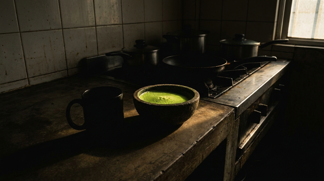 A coffee mug in shadow next to a bowl of bright green matcha on a dark industrial counter
