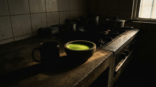 A coffee mug in shadow next to a bowl of bright green matcha on a dark industrial counter