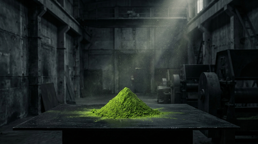 First harvest matcha powder in bright green on a dark industrial surface