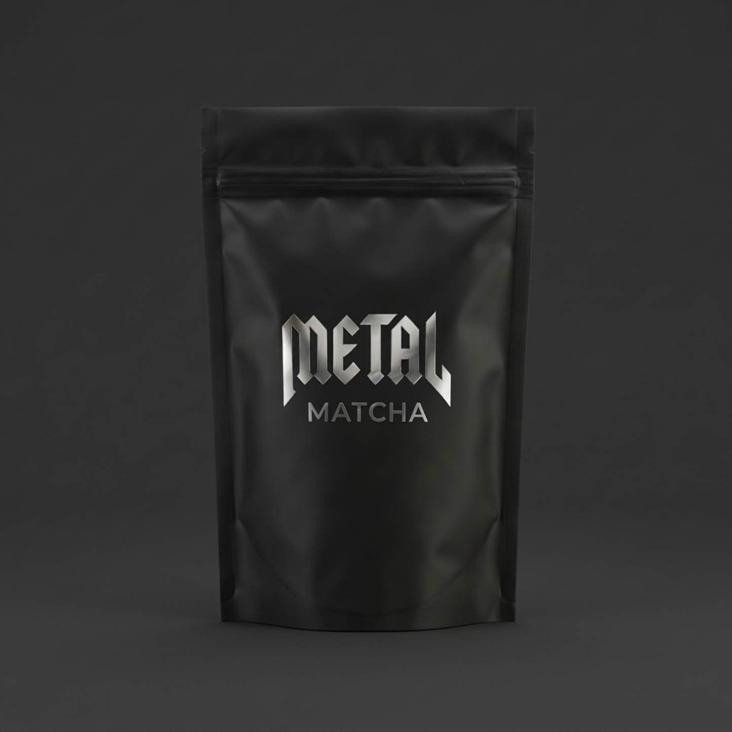 Black packaging of 'Metal Matcha' on a dark background