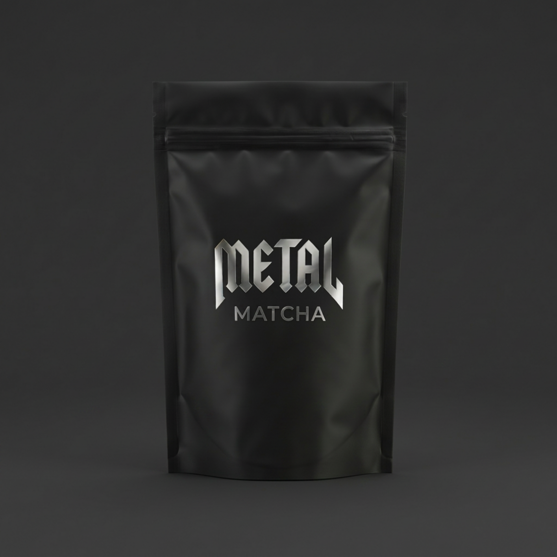 Black packaging of 'Metal Matcha' on a dark background
