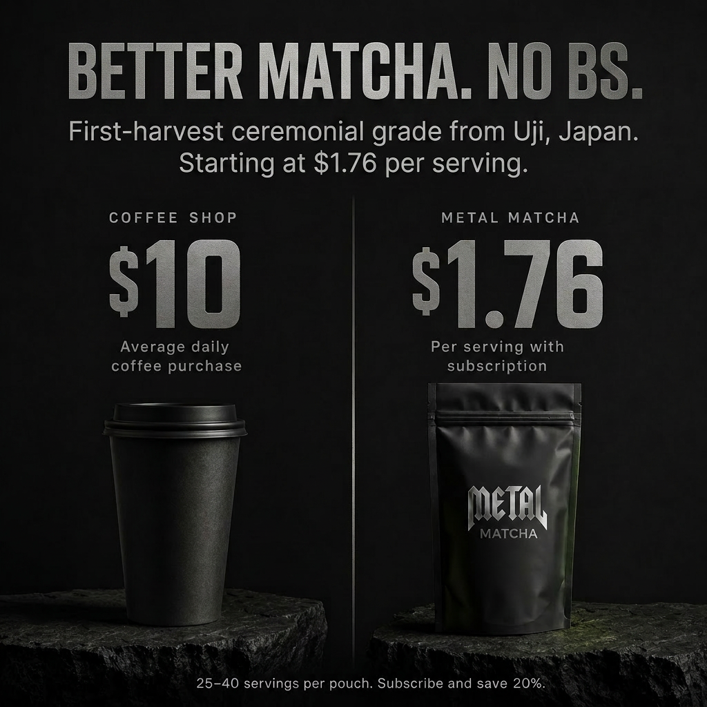 Advertisement comparing the cost of coffee and Metal Matcha, with text on a dark background.