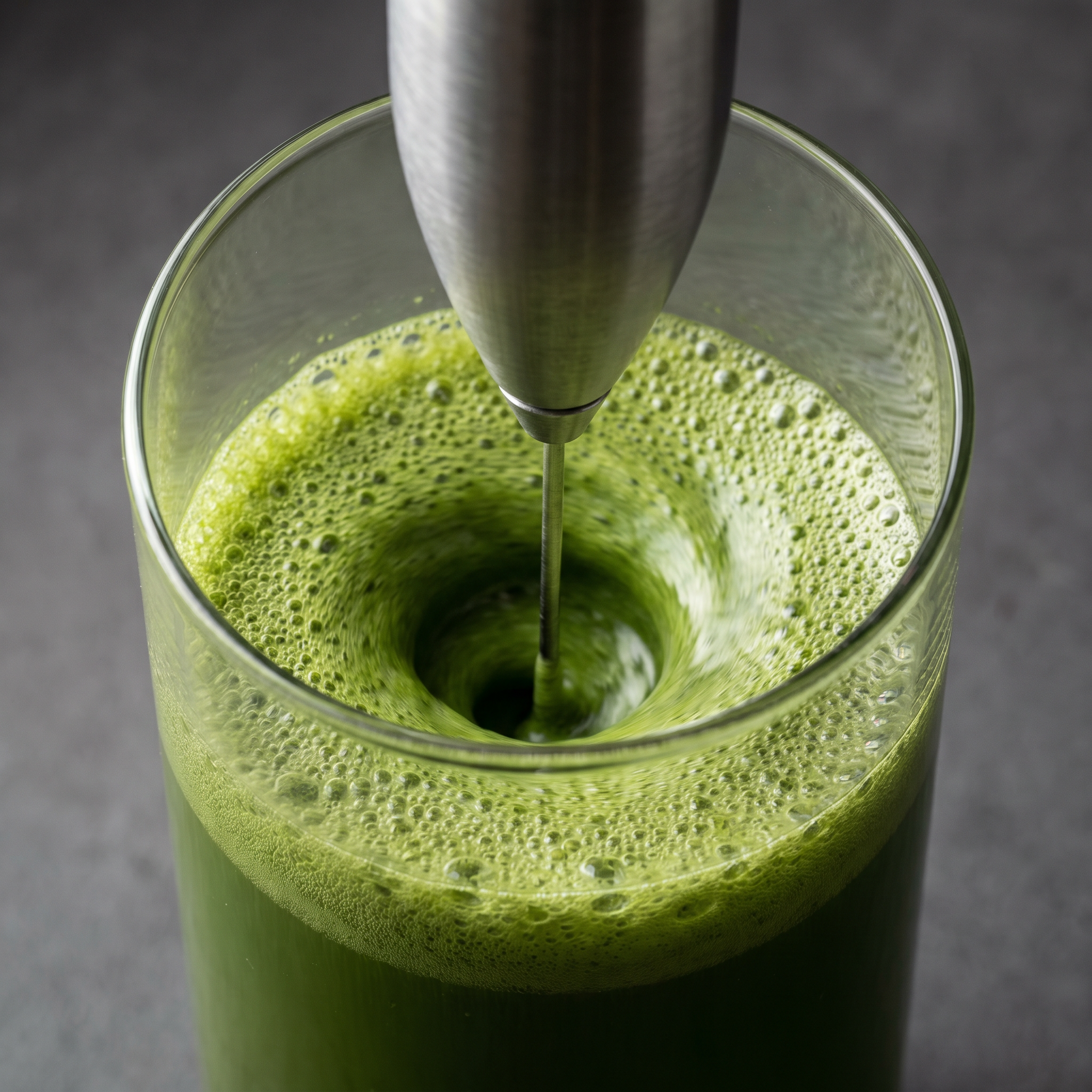 Matcha being mixed with a frother against a dark background