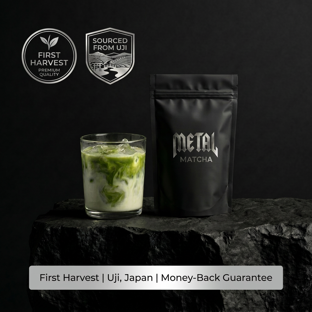 Glass of matcha with a package labeled 'Metal Matcha' on a dark background