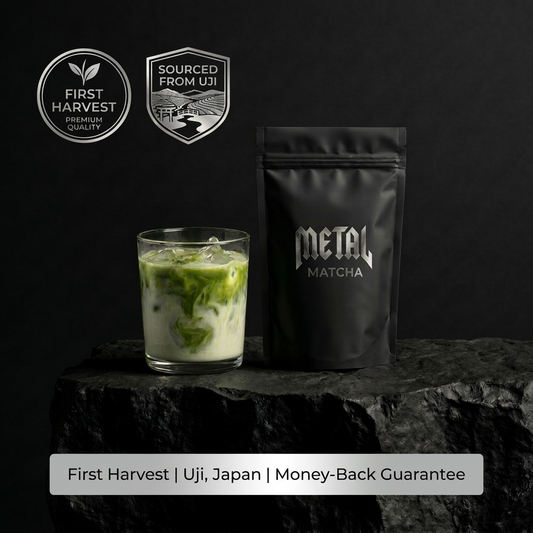 Glass of matcha with a package labeled 'Metal Matcha' on a dark background