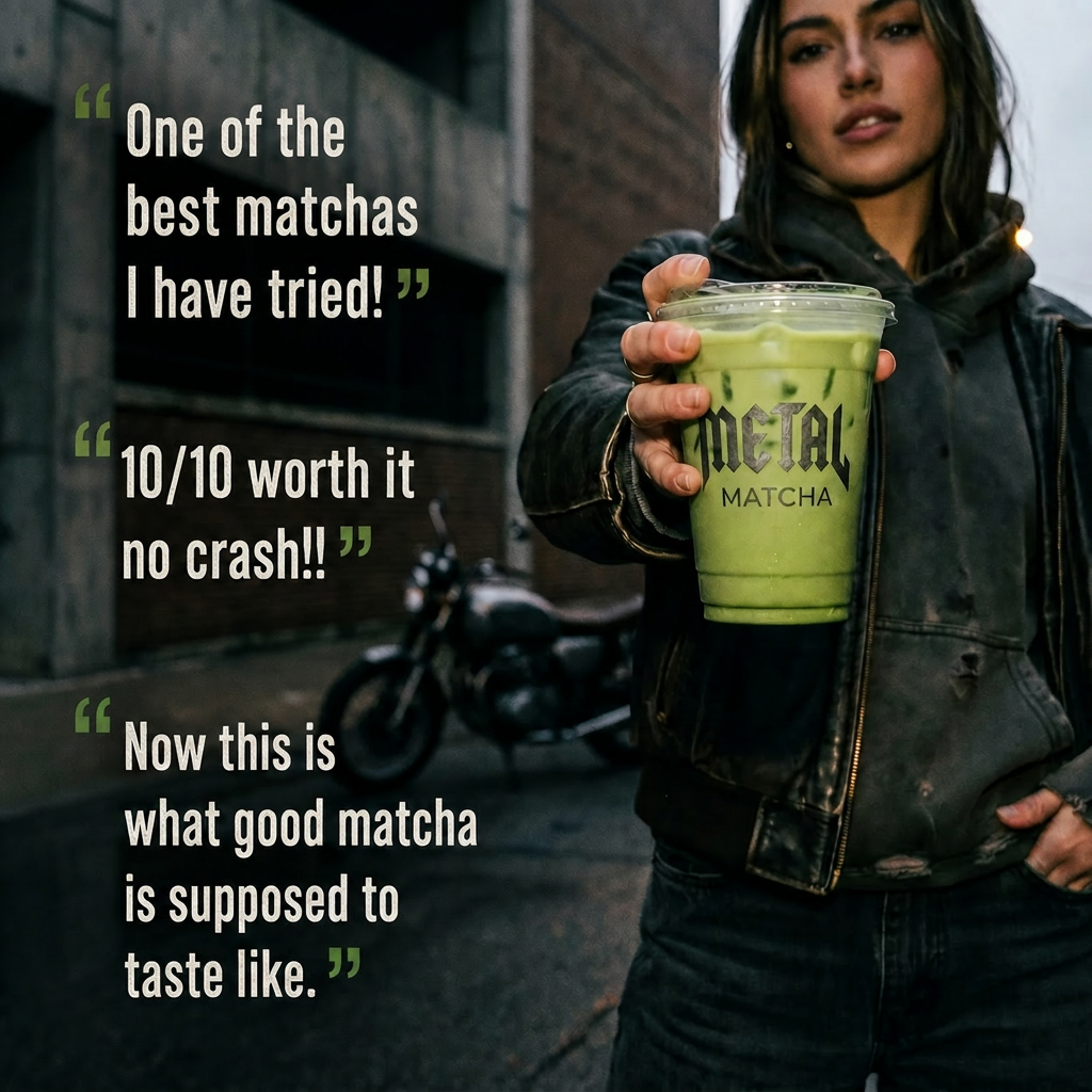 Person holding a green iced matcha drink with text praising its quality.